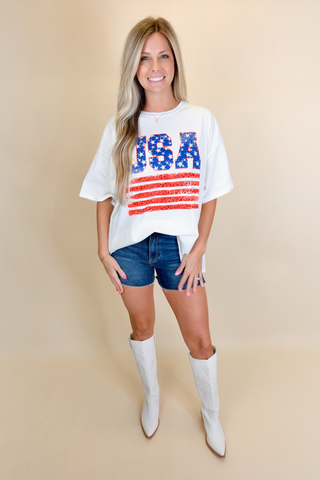 Rhinestoned USA Print T-Shirt