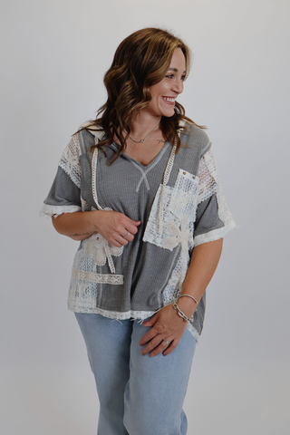 Lace Patch V-Neck Hoodie Top