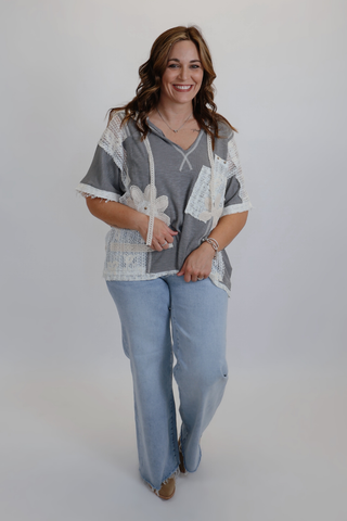 Lace Patch V-Neck Hoodie Top