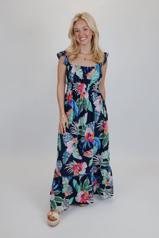 Tropical Tide Ruffle Midi Dress