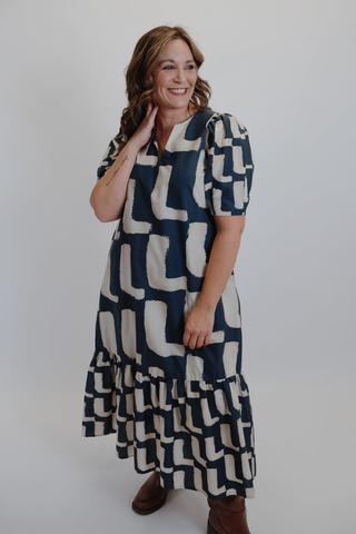 Lila Abstract Puff Sleeve Midi Dress