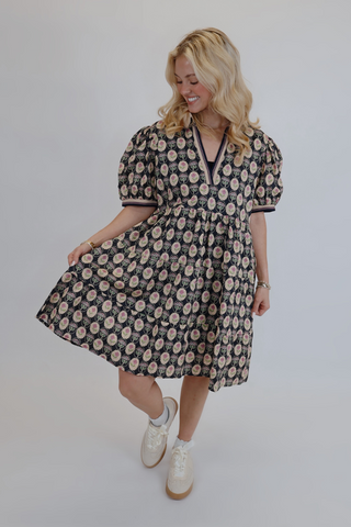 Rose Medallion Puff Sleeve Mini Dress