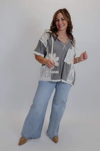 Lace Patch V-Neck Hoodie Top