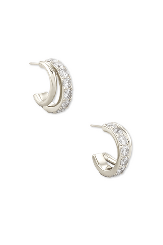 Livy Silver Huggie Earrings in White Crystal