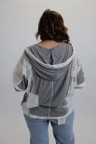 Lace Patch V-Neck Hoodie Top