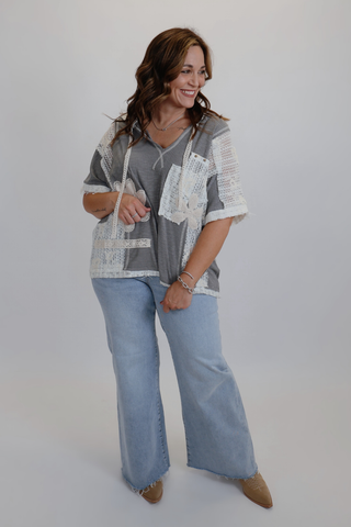 Lace Patch V-Neck Hoodie Top