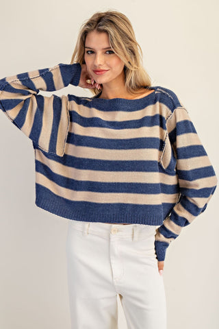 Striped Boat Neck Cropped Sweater