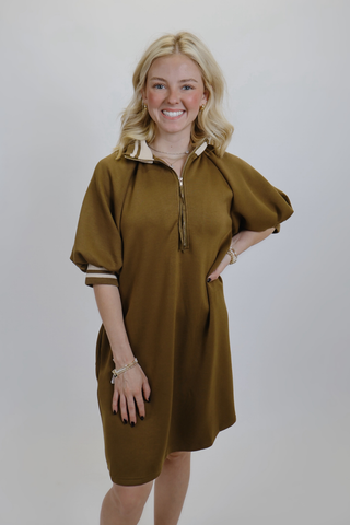 Luxe Zip-Up Puff Sleeve Dress