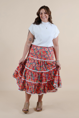 Poppy Fields Lace Trim Midi Skirt
