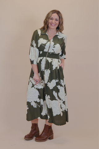Peony Bloom Zip Front Midi Dress