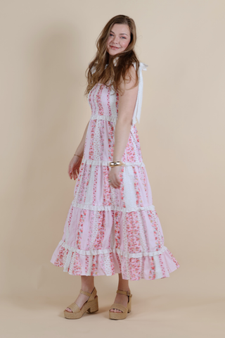 Cotton Poplin Multi Floral Printed Tie Shoulder Maxi