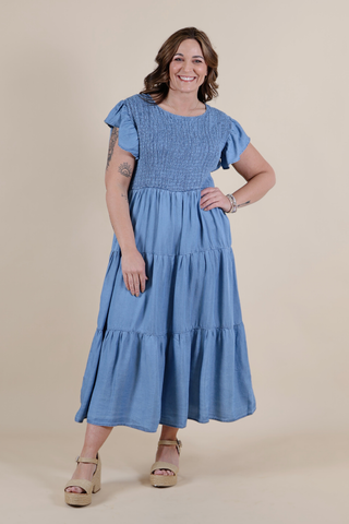 Blue Skies Smocked Midi Dress in Plus