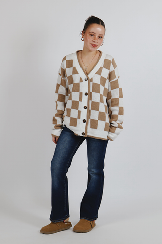 Cocoa Check Button Cardigan