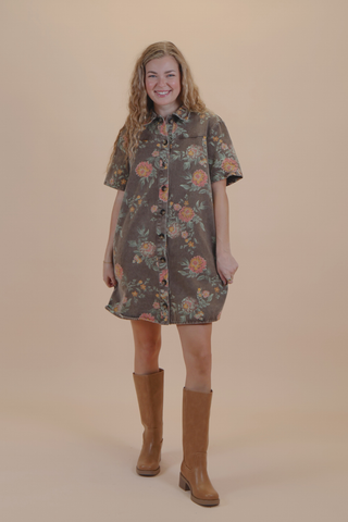 Vintage Garden Floral Denim Shirt Dress