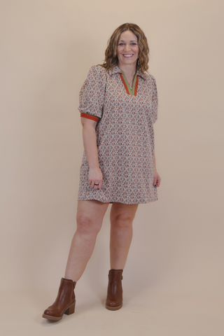 Retro Tile Half-Zip Shift Dress