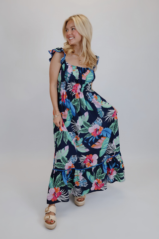 Tropical Tide Ruffle Midi Dress
