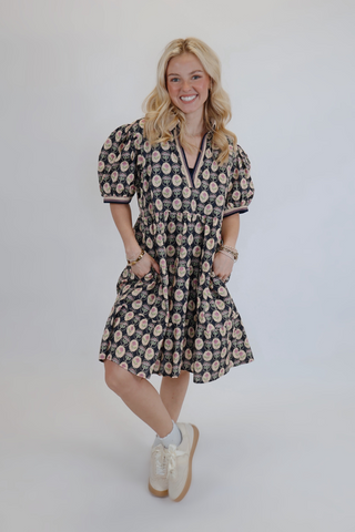 Rose Medallion Puff Sleeve Mini Dress