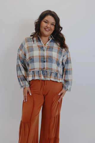 Sagebrush Ruffle Plaid Peplum Top