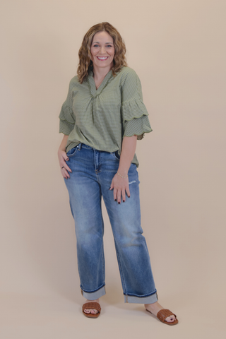 Sweet Scallop Windowpane Check Blouse