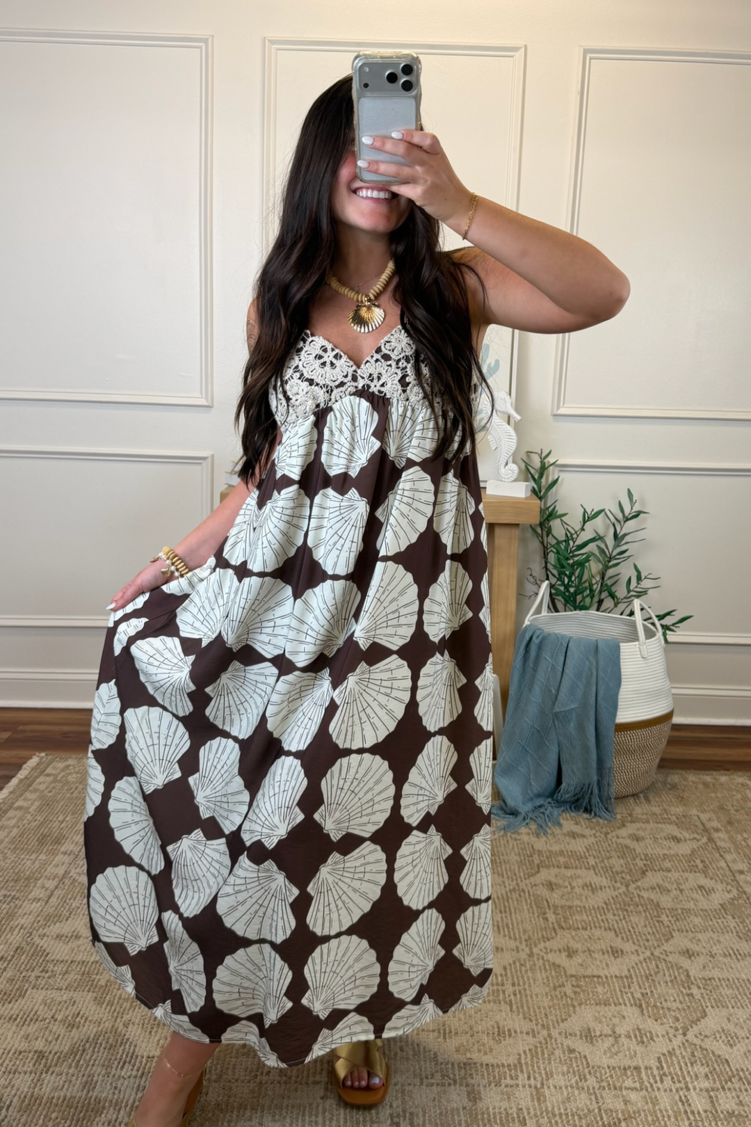 Seaside Crochet Shell Midi Dress Medium / Chocolate Seaside Crochet Shell Midi Dress Medium / Chocolate