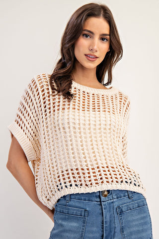 Crochet Knit Short Sleeve Cropped Sweater