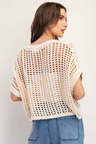 Crochet Knit Short Sleeve Cropped Sweater
