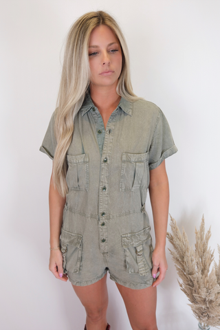 Soft Olive Button Front Romper