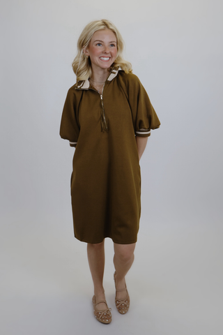 Luxe Zip-Up Puff Sleeve Dress