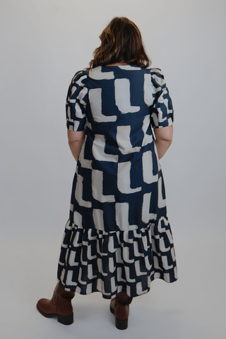 Lila Abstract Puff Sleeve Midi Dress