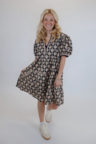 Rose Medallion Puff Sleeve Mini Dress
