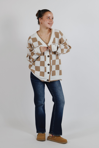 Cocoa Check Button Cardigan