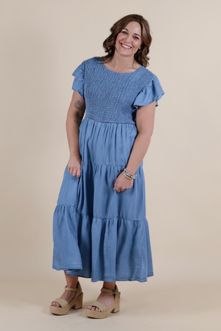 Blue Skies Smocked Midi Dress in Plus