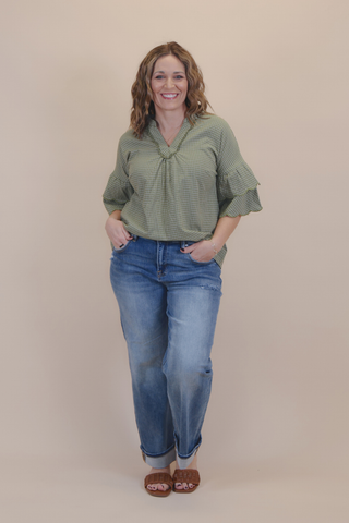 Sweet Scallop Windowpane Check Blouse