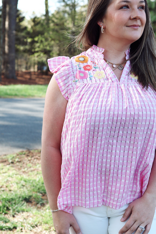 Seersucker Embroidered Top