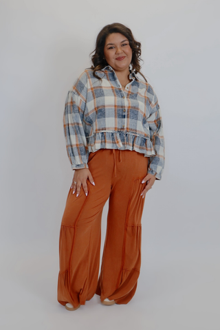 Sagebrush Ruffle Plaid Peplum Top