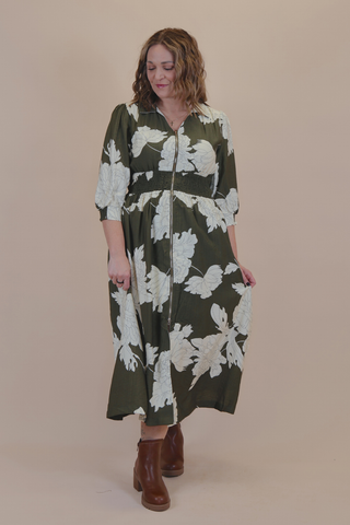 Peony Bloom Zip Front Midi Dress