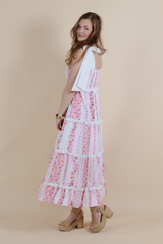 Cotton Poplin Multi Floral Printed Tie Shoulder Maxi