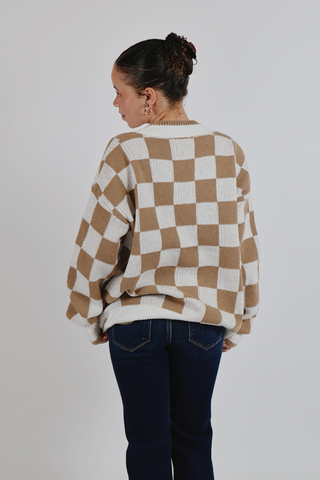 Cocoa Check Button Cardigan