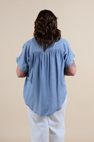 Coastal Ease Chambray Henley Top In Plus