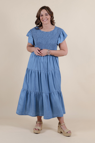 Blue Skies Smocked Midi Dress in Plus