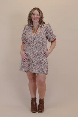 Retro Tile Half-Zip Shift Dress