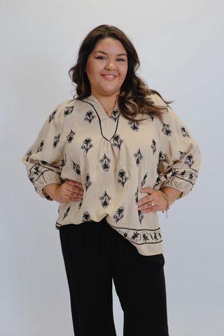 Boho Bloom Embroidered Peasant Top in Plus