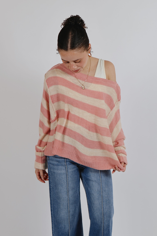 Blush Breeze Striped Boat Neck Sweater