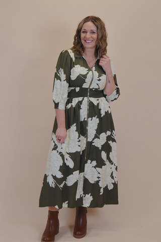Peony Bloom Zip Front Midi Dress