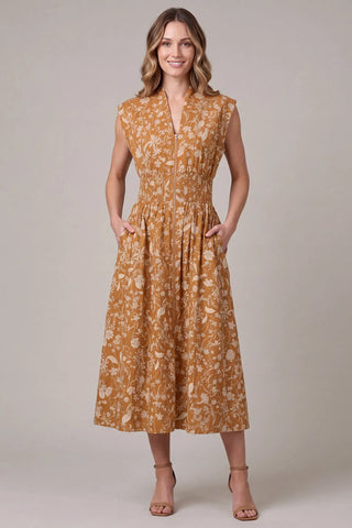Golden Meadow Smocked Waist Midi Dress