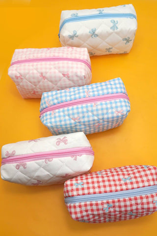 QUILTED CHECKER BOW COSMETIC BAG