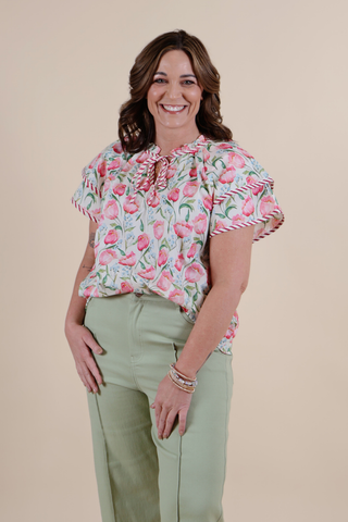 Blushing Meadow Stripe Trim Top