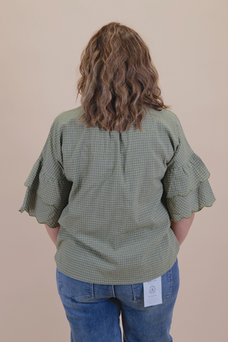 Sweet Scallop Windowpane Check Blouse