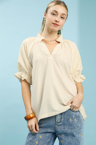 Eloise Ruffle Collar Seersucker Top