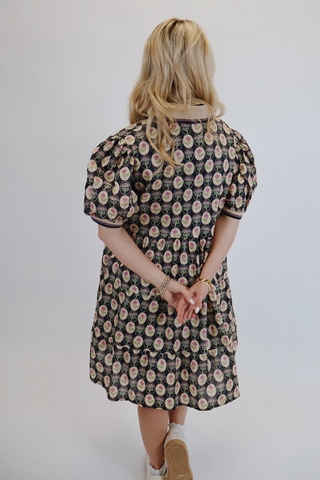 Rose Medallion Puff Sleeve Mini Dress